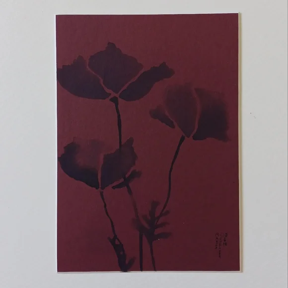 ORIGINAL ART Ink Poppies on Maroon Mat Board. 5"x7" Moody, Whimsical, Subtle - Picture 1 of 7